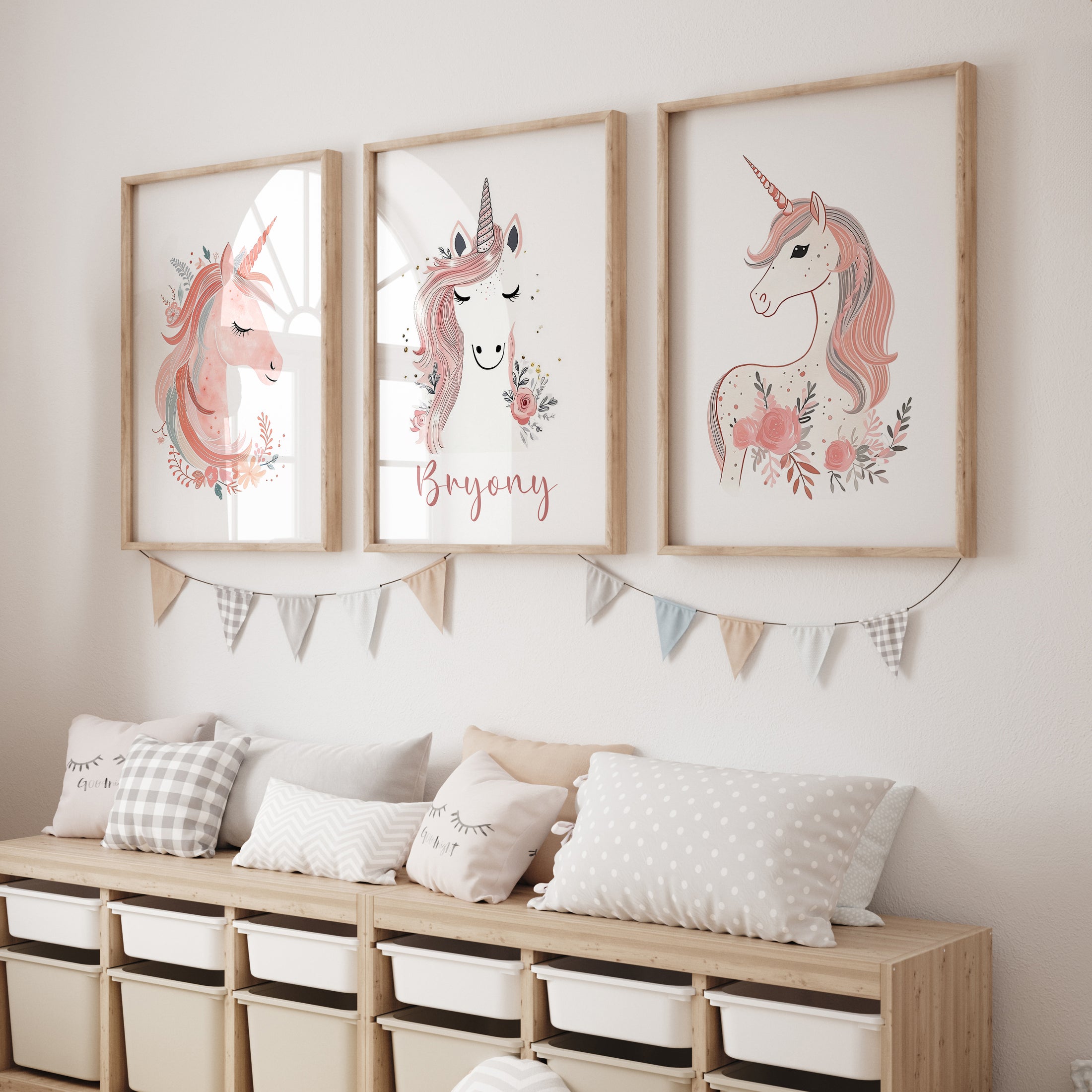 Unicorn Nursery Prints | Set of 3 | Personalised Wall Art for Girls' Room - RoseRowanDesign