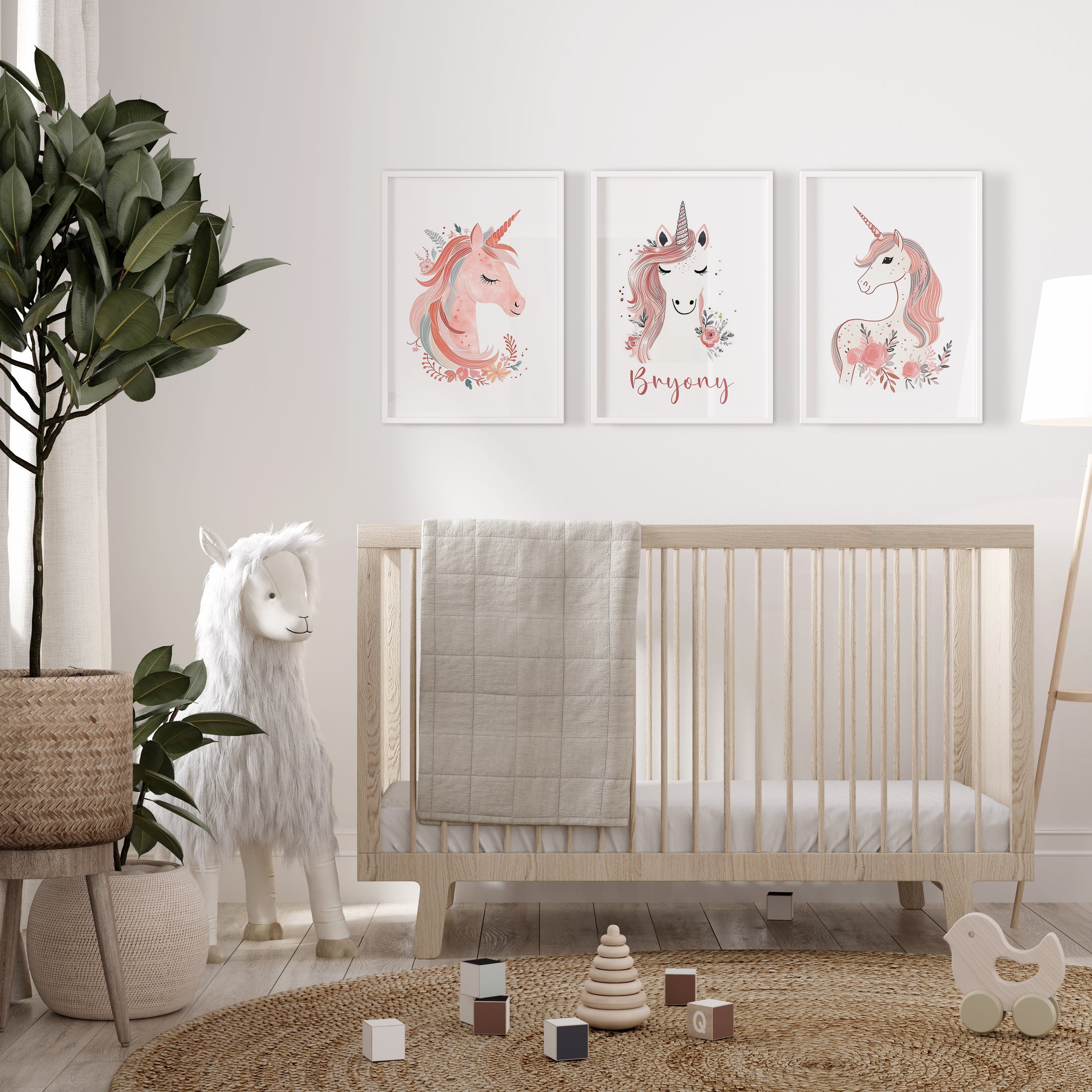 Unicorn Nursery Prints | Set of 3 | Personalised Wall Art for Girls' Room - RoseRowanDesign