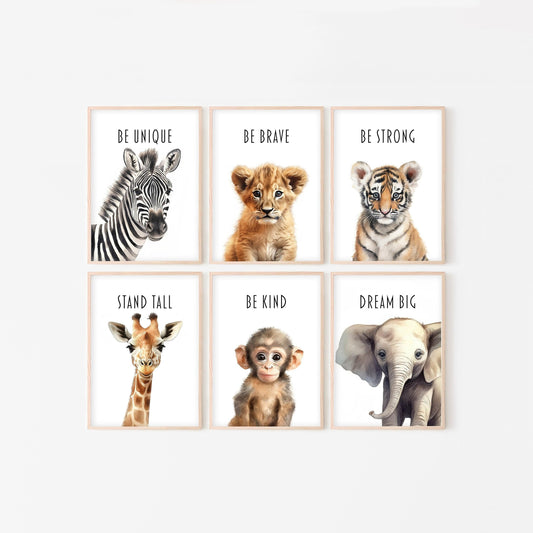 Watercolour Safari Animal Nursery Prints | Set of 6 | Gender Neutral Wall Art for Baby's Bedroom - RoseRowanDesign