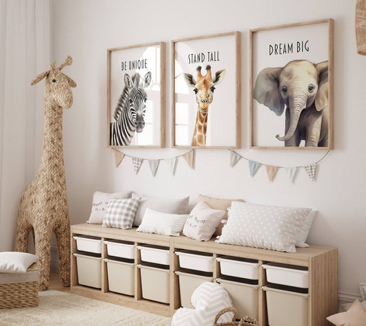Watercolour Safari Animal Nursery Prints | Set of 6 | Gender Neutral Wall Art for Baby's Bedroom - RoseRowanDesign