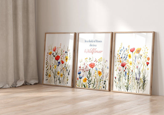 Wildflower Nursery Wall Art Prints | Set of 3 | Botanical Decor for Baby Girl's Room - RoseRowanDesign