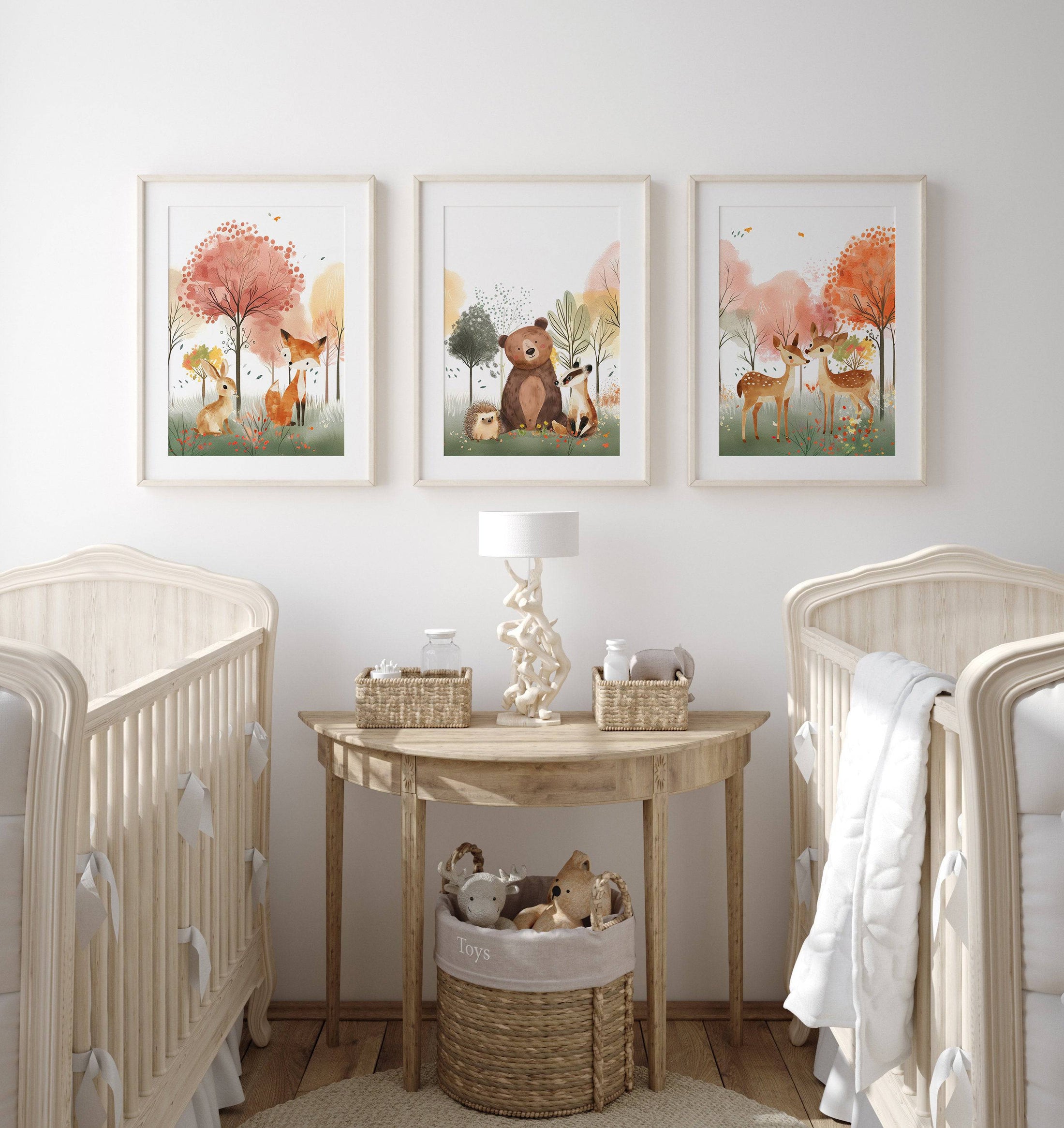 Woodland Animal Nursery Prints | Set of 3 | Blossom Tree & Forest Decor for Unisex Kids' Room - RoseRowanDesign