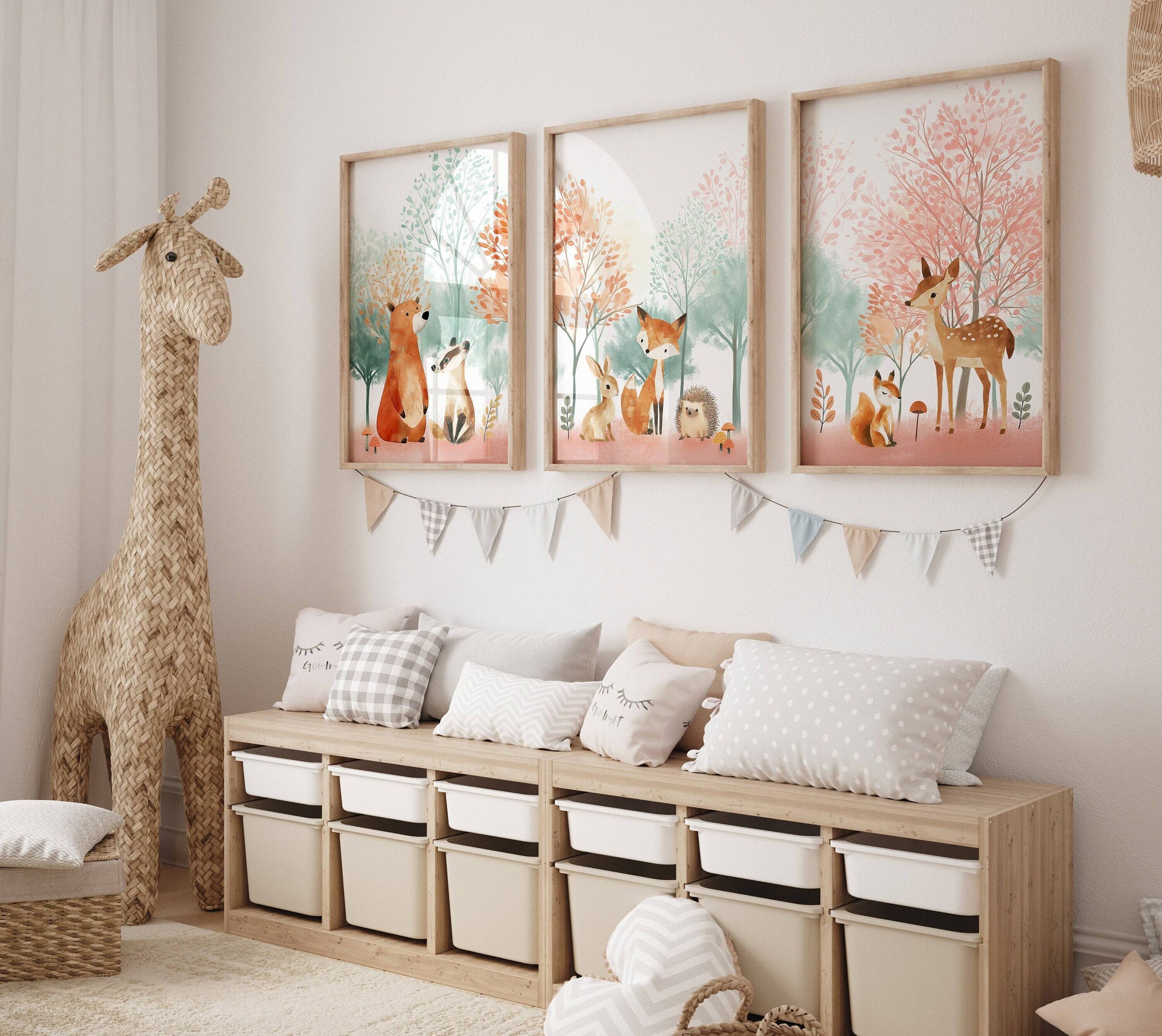 Woodland Animal Nursery Prints | Set of 3 | Blossom Tree & Pink Forest Decor for Girls' Room - RoseRowanDesign