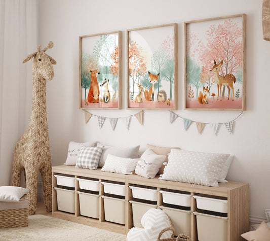 Woodland Animal Nursery Prints | Set of 3 | Blossom Tree & Pink Forest Decor for Girls' Room - RoseRowanDesign