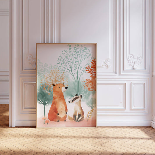 Woodland Animal Nursery Prints | Set of 3 | Blossom Tree & Pink Forest Decor for Girls' Room - RoseRowanDesign