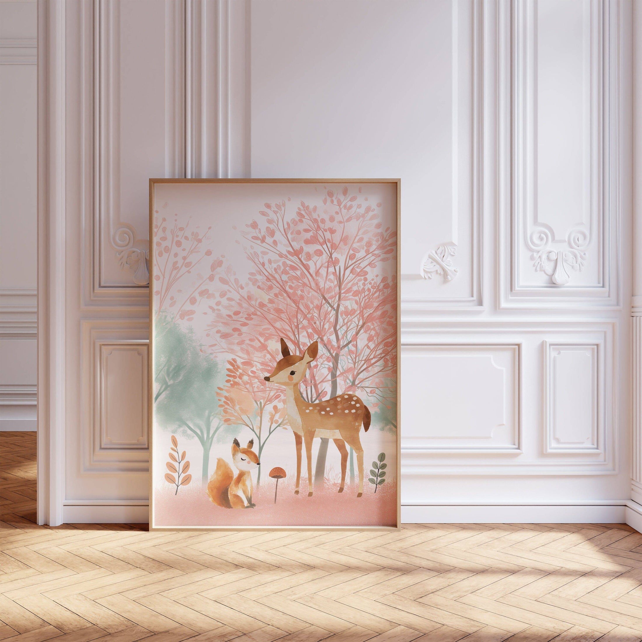 Woodland Animal Nursery Prints | Set of 3 | Blossom Tree & Pink Forest Decor for Girls' Room - RoseRowanDesign