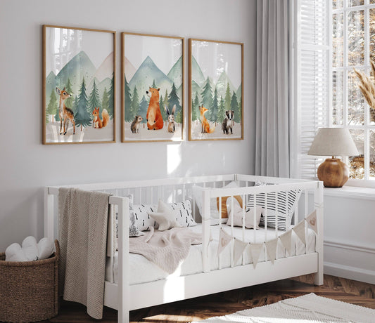 Woodland Animal Nursery Prints | Set of 3 | Green Forest & Mountain Adventure Decor for Unisex Kids' Room - RoseRowanDesign