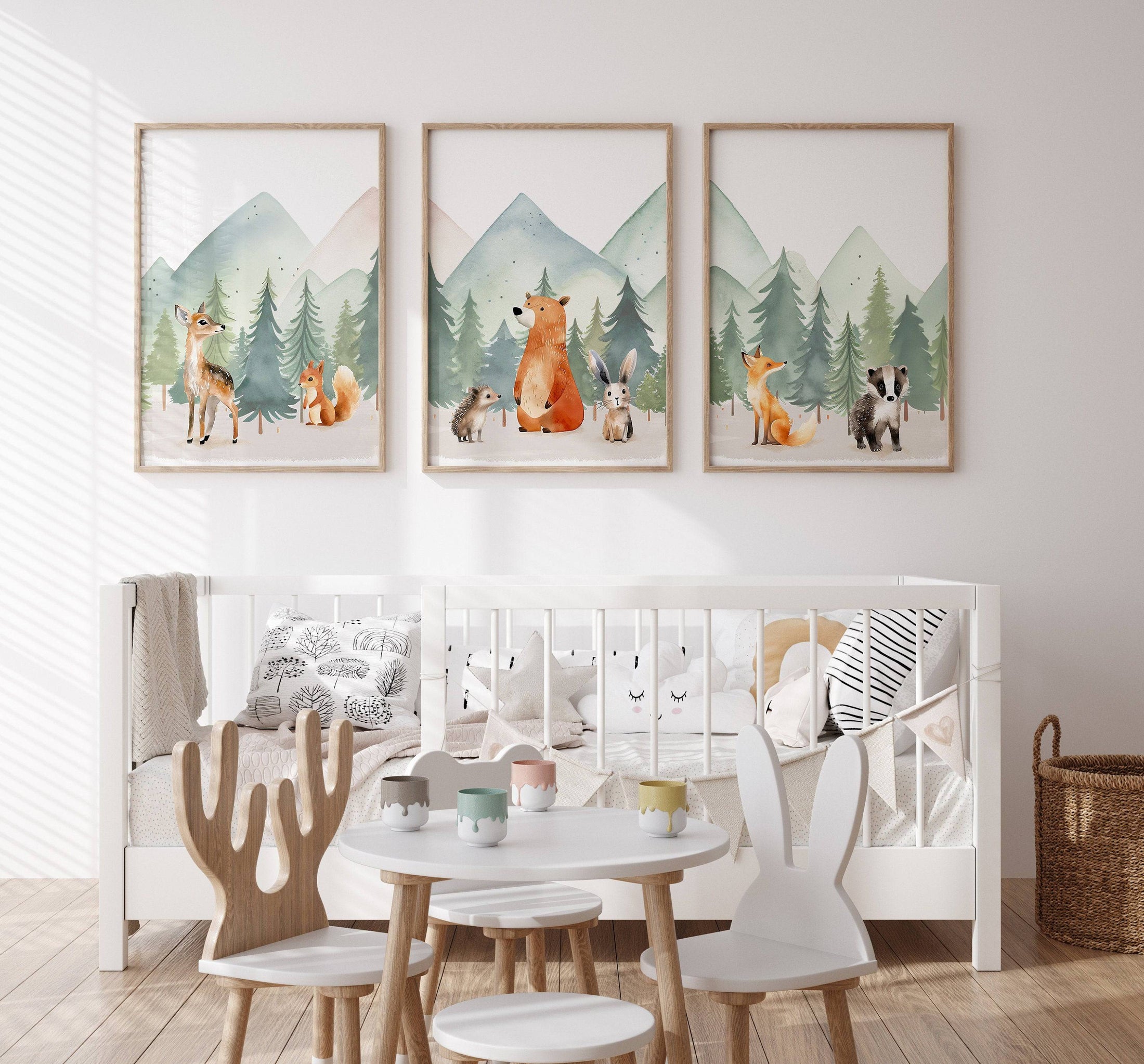 Woodland Animal Nursery Prints | Set of 3 | Green Forest & Mountain Adventure Decor for Unisex Kids' Room - RoseRowanDesign
