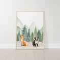 Load image into Gallery viewer, Woodland Animal Nursery Prints | Set of 3 | Green Forest & Mountain Adventure Decor for Unisex Kids' Room - RoseRowanDesign
