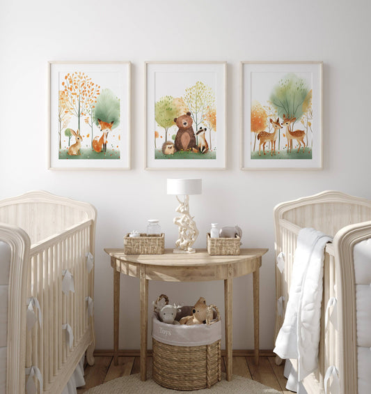 Woodland Animal Nursery Prints | Set of 3 | Green Forest & Scandi Adventure Decor for Unisex Kids' Room - RoseRowanDesign