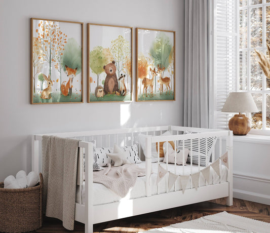 Woodland Animal Nursery Prints | Set of 3 | Green Forest & Scandi Adventure Decor for Unisex Kids' Room - RoseRowanDesign
