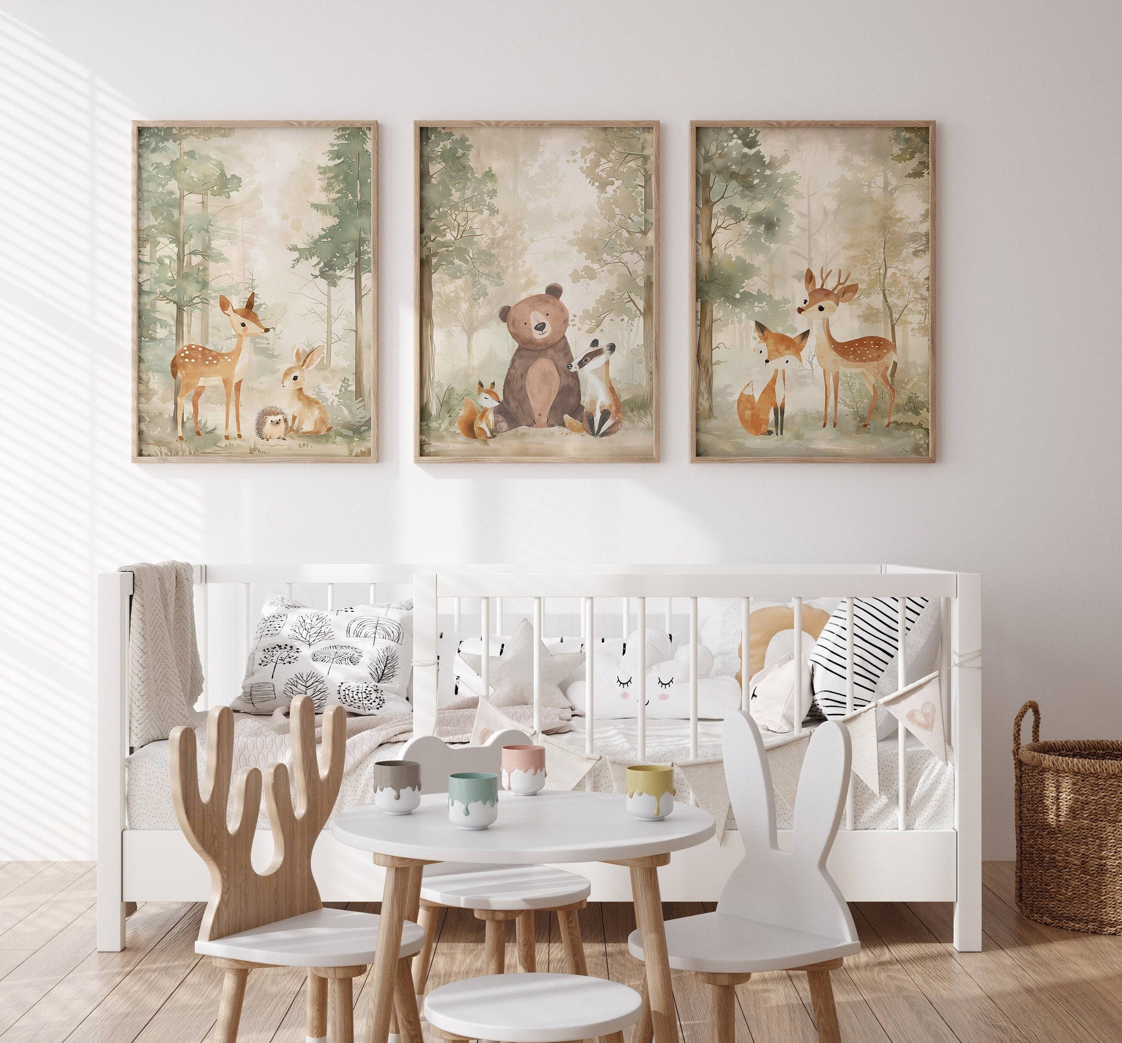 Woodland Animal Nursery Prints | Set of 3 | Neutral Beige & Green Scandi Forest Decor for Kids' Room - RoseRowanDesign