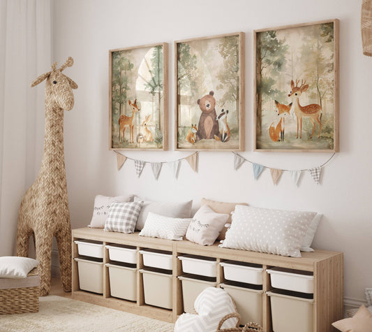 Woodland Animal Nursery Prints | Set of 3 | Neutral Beige & Green Scandi Forest Decor for Kids' Room - RoseRowanDesign