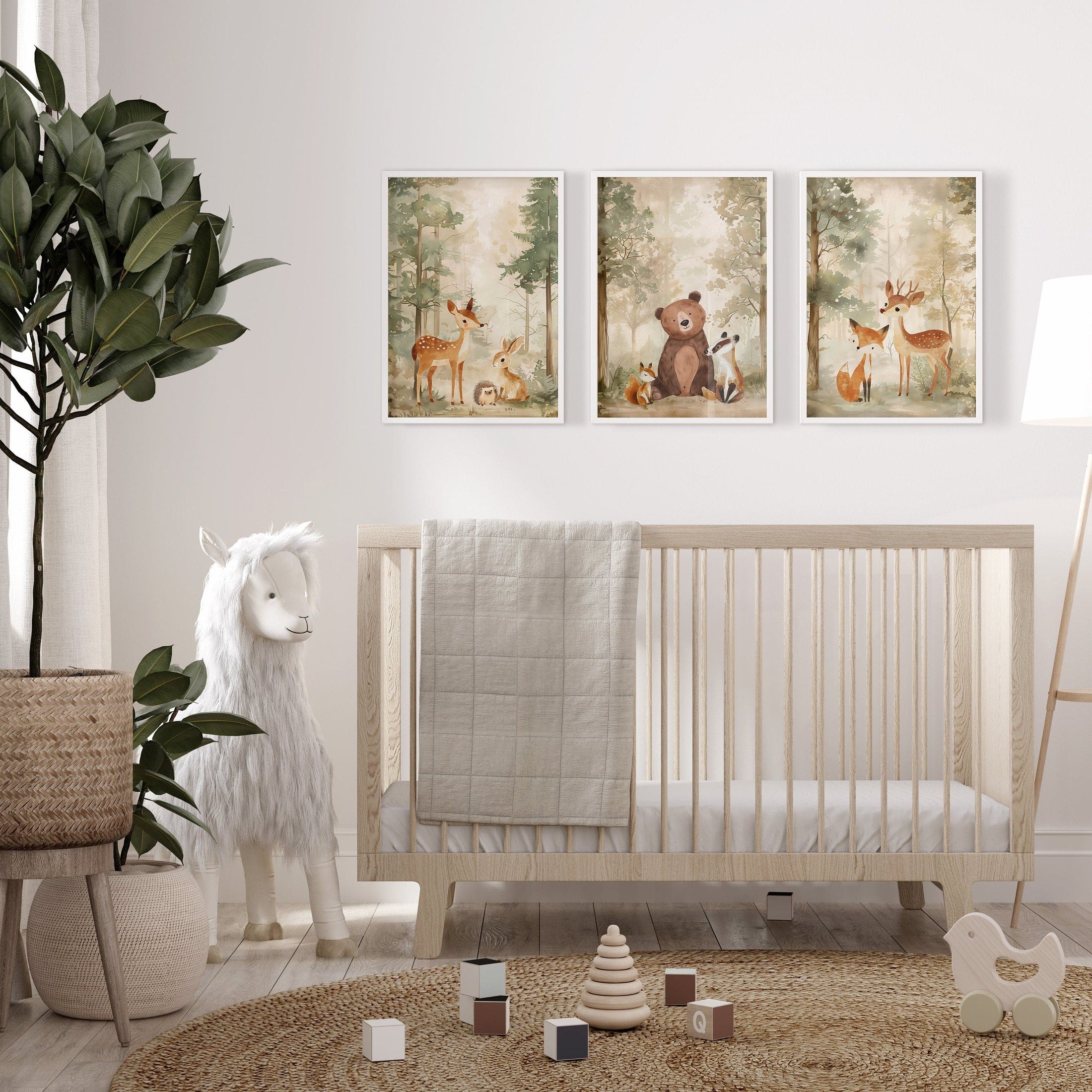 Woodland Animal Nursery Prints | Set of 3 | Neutral Beige & Green Scandi Forest Decor for Kids' Room - RoseRowanDesign