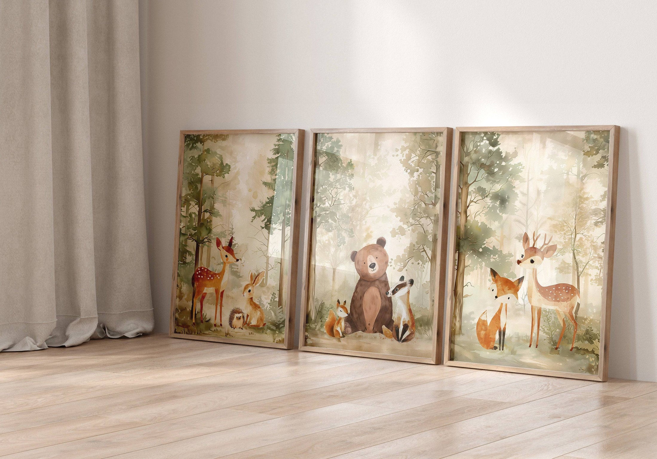 Woodland Animal Nursery Prints | Set of 3 | Neutral Beige & Green Scandi Forest Decor for Kids' Room - RoseRowanDesign