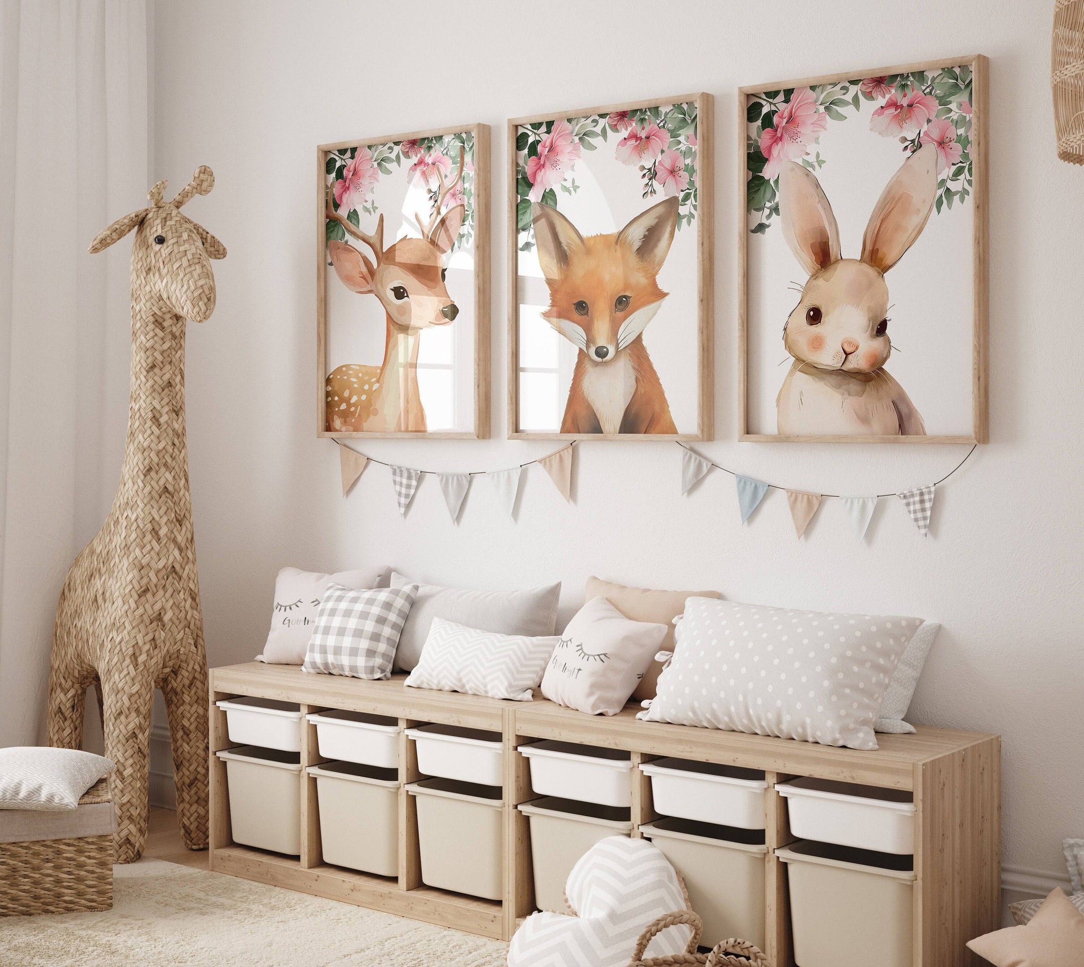 Woodland Animal Nursery Prints | Set of 3 | Pink Forest Decor for Girls' Bedroom or Nursery - RoseRowanDesign