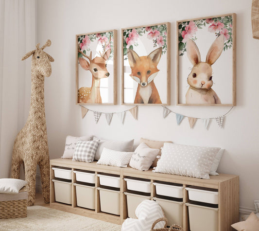 Woodland Animal Nursery Prints | Set of 3 | Pink Forest Decor for Girls' Bedroom or Nursery - RoseRowanDesign