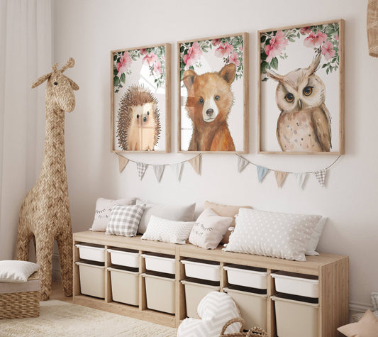 Woodland Animal Nursery Prints | Set of 3 | Pink Forest Decor for Girls' Bedroom or Nursery - RoseRowanDesign