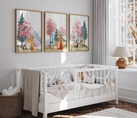 Woodland Animal Nursery Prints | Set of 3 | Pink Forest & Mountain Decor for Girls' Room - RoseRowanDesign