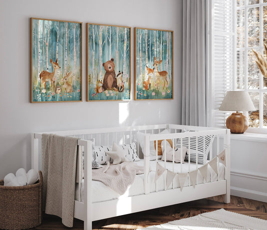 Woodland Animal Nursery Prints | Set of 3 | Teal Forest Scandi & Boho Decor for Kids' Room - RoseRowanDesign