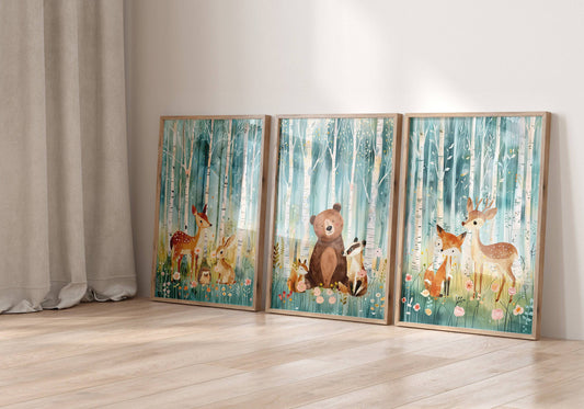 Woodland Animal Nursery Prints | Set of 3 | Teal Forest Scandi & Boho Decor for Kids' Room - RoseRowanDesign