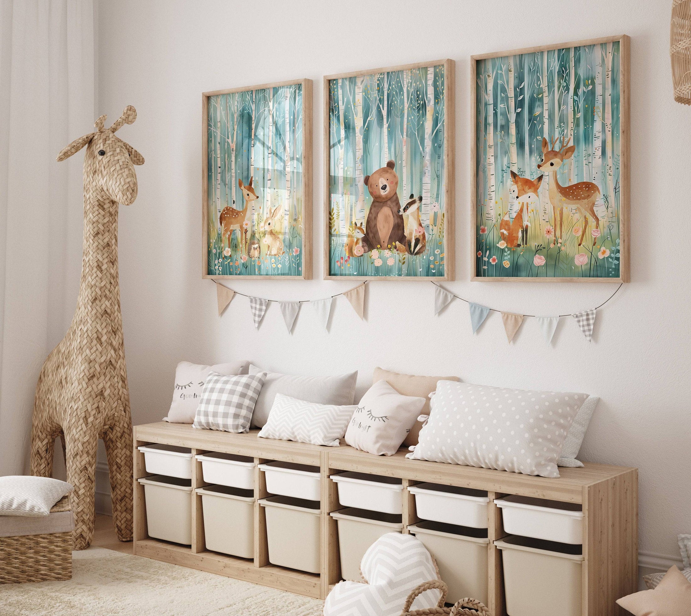 Woodland Animal Nursery Prints | Set of 3 | Teal Forest Scandi & Boho Decor for Kids' Room - RoseRowanDesign
