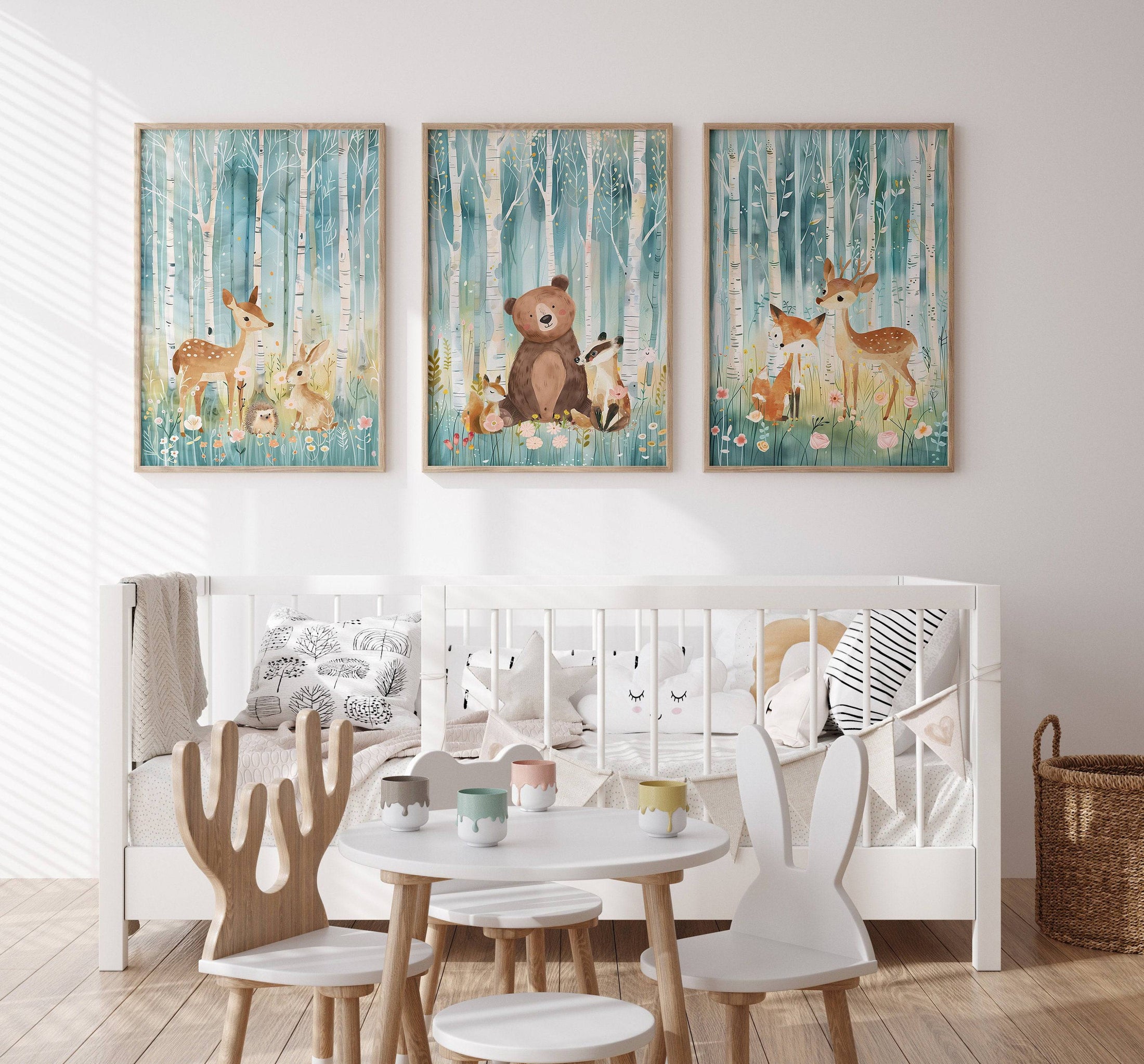 Woodland Animal Nursery Prints | Set of 3 | Teal Forest Scandi & Boho Decor for Kids' Room - RoseRowanDesign