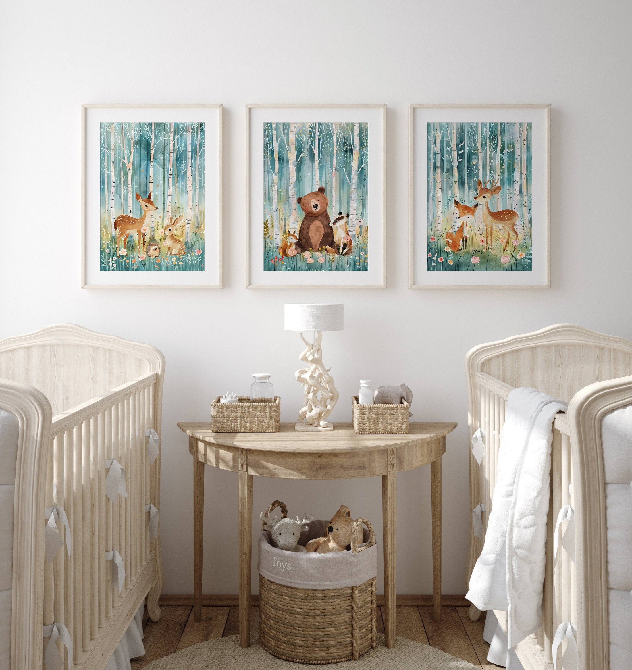 Woodland Animal Nursery Prints | Set of 3 | Teal Forest Scandi & Boho Decor for Kids' Room - RoseRowanDesign