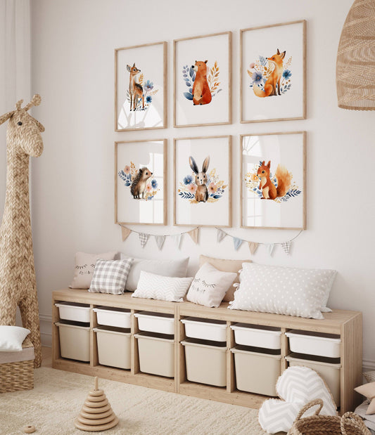Woodland Animal Nursery Prints | Set of 6 | Boho Forest & Wildflower Wall Art for Baby Girl's Room - RoseRowanDesign