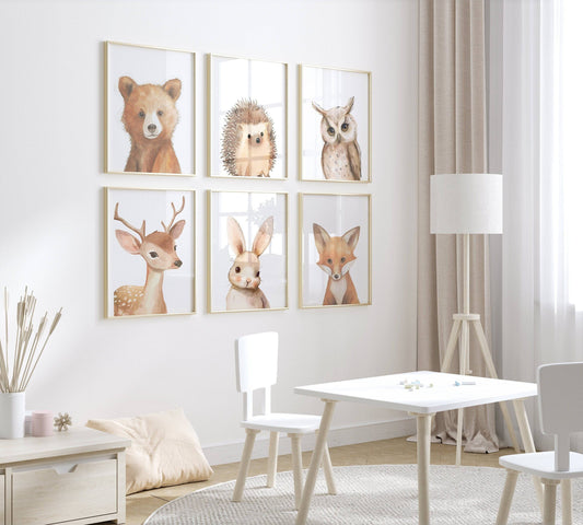 Woodland Animal Nursery Prints | Set of 6 | Gender-Neutral Forest Decor for Baby's Room - RoseRowanDesign