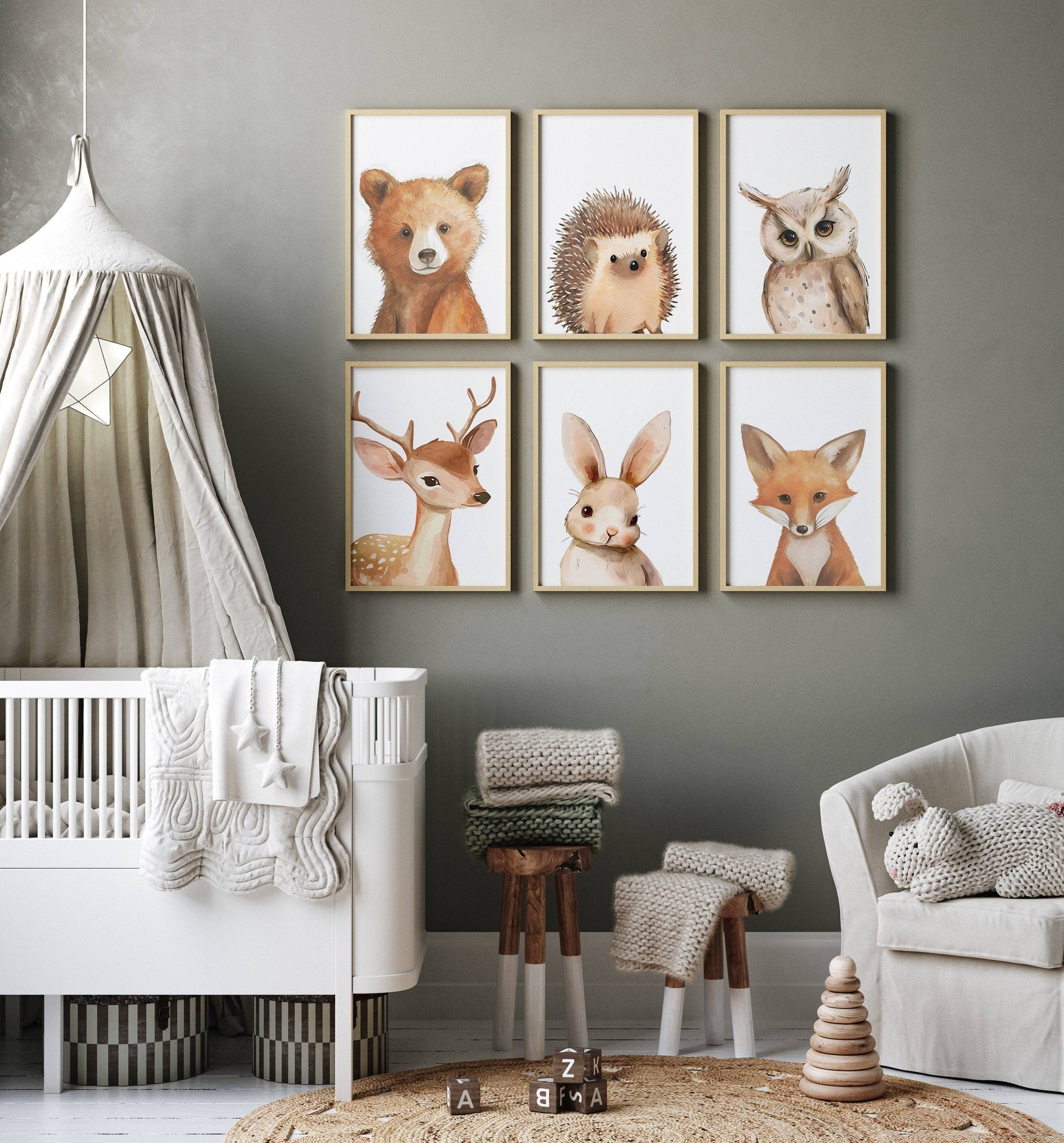 Woodland Animal Nursery Prints | Set of 6 | Gender-Neutral Forest Decor for Baby's Room - RoseRowanDesign