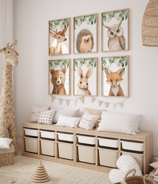 Woodland Animal Nursery Prints | Set of 6 | Green Forest & Gender-Neutral Decor for Baby's Room - RoseRowanDesign