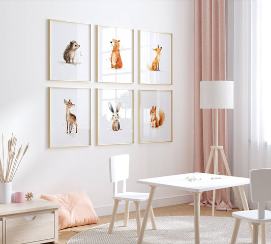 Woodland Animal Nursery Prints | Set of 6 | Neutral Forest Animal Wall Art for Babies' Room - RoseRowanDesign