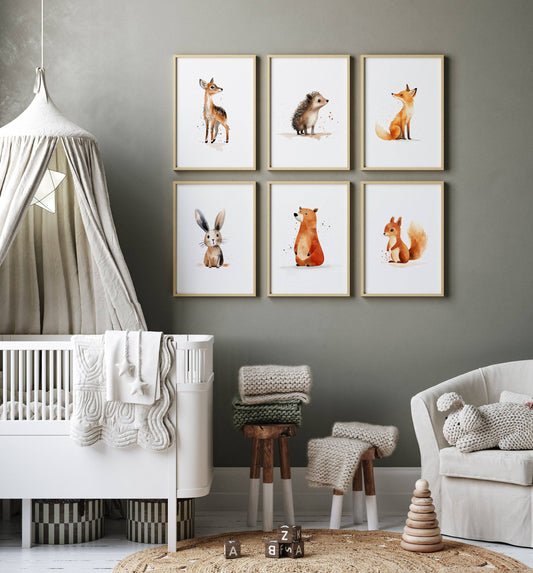 Woodland Animal Nursery Prints | Set of 6 | Neutral Forest Animal Wall Art for Babies' Room - RoseRowanDesign