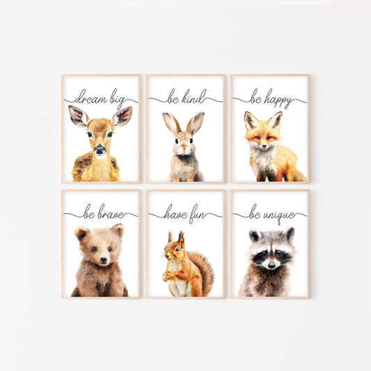 Woodland Animal Nursery Prints | Set of 6 | Neutral Forest Animal Wall Art for Baby's Room - RoseRowanDesign