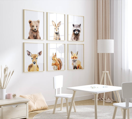 Woodland Animal Nursery Prints | Set of 6 | Neutral Forest Decor for Baby's Room - RoseRowanDesign
