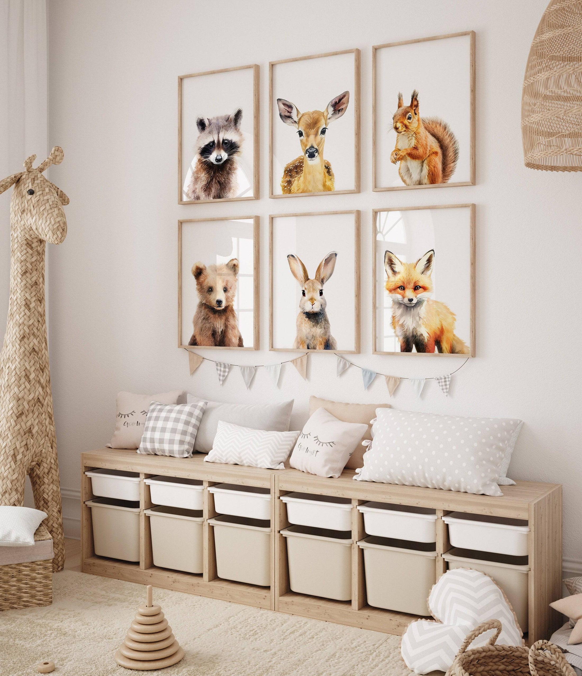 Woodland Animal Nursery Prints | Set of 6 | Neutral Forest Decor for Baby's Room - RoseRowanDesign