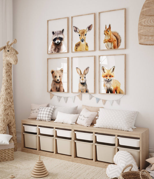 Woodland Animal Nursery Prints | Set of 6 | Neutral Forest Decor for Baby's Room - RoseRowanDesign