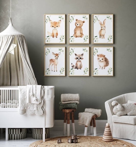 Woodland Animal Nursery Prints | Set of 6 | Neutral Forest-Themed Wall Art for Baby's Room - RoseRowanDesign