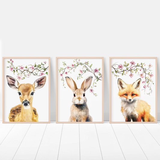 Woodland Animal Nursery Prints | Set of 6 | Pink Floral Forest Decor for Baby Girl's Room - RoseRowanDesign