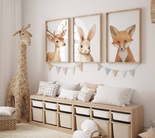 Woodland Animal Nursery Wall Prints | Set of 3 | Boho Forest Decor for Baby’s Room - RoseRowanDesign