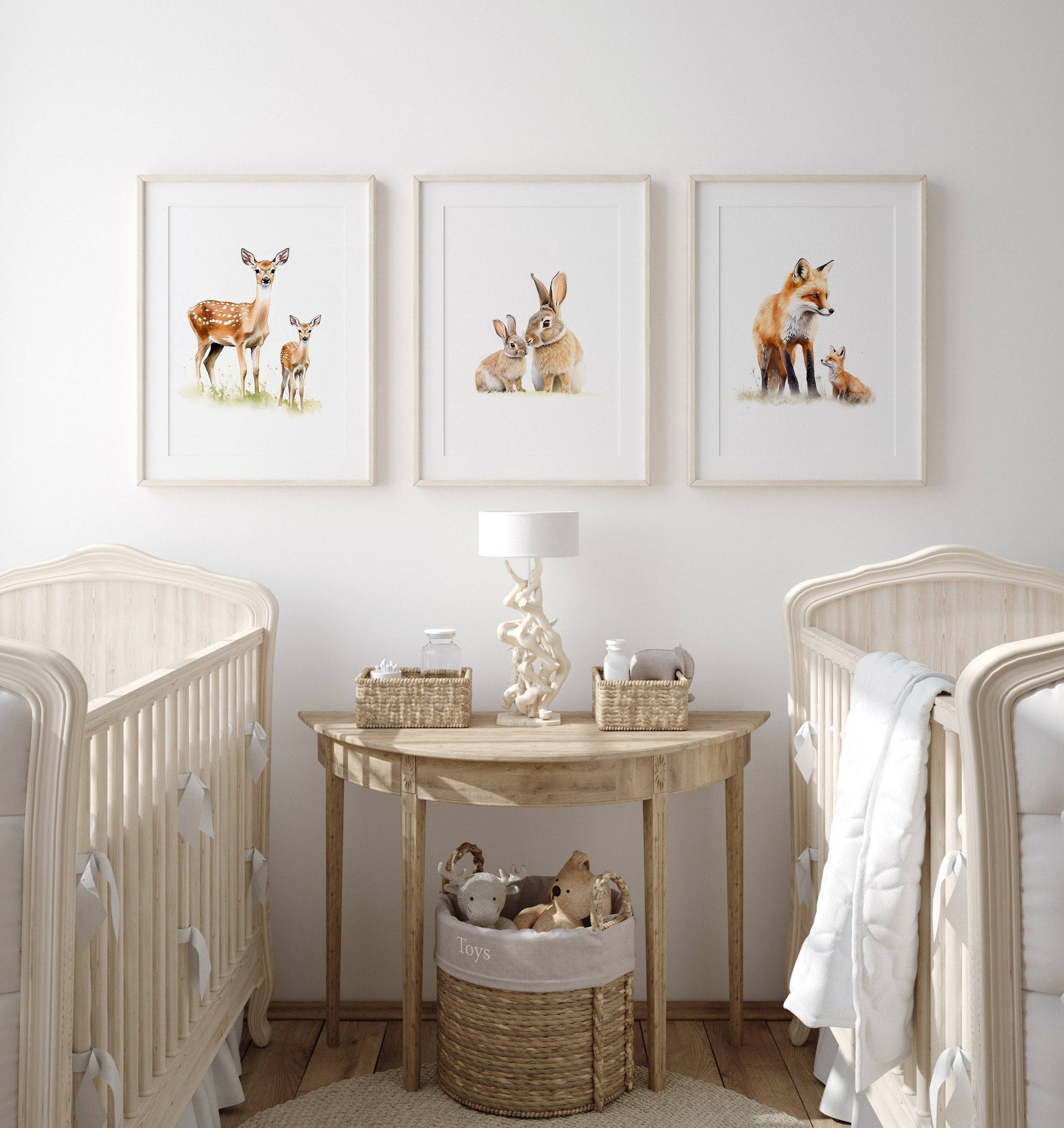 Woodland Animal Nursery Wall Prints | Set of 3 | Neutral Forest Animal Art for Baby’s Room - RoseRowanDesign