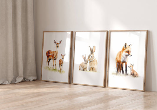 Woodland Animal Nursery Wall Prints | Set of 3 | Neutral Forest Animal Art for Baby’s Room - RoseRowanDesign