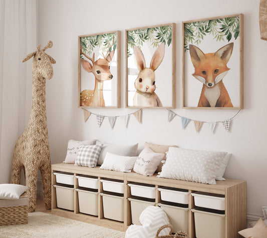 Woodland Animal Nursery Wall Prints | Set of 3 | Neutral Forest & Boho Playroom Decor - RoseRowanDesign