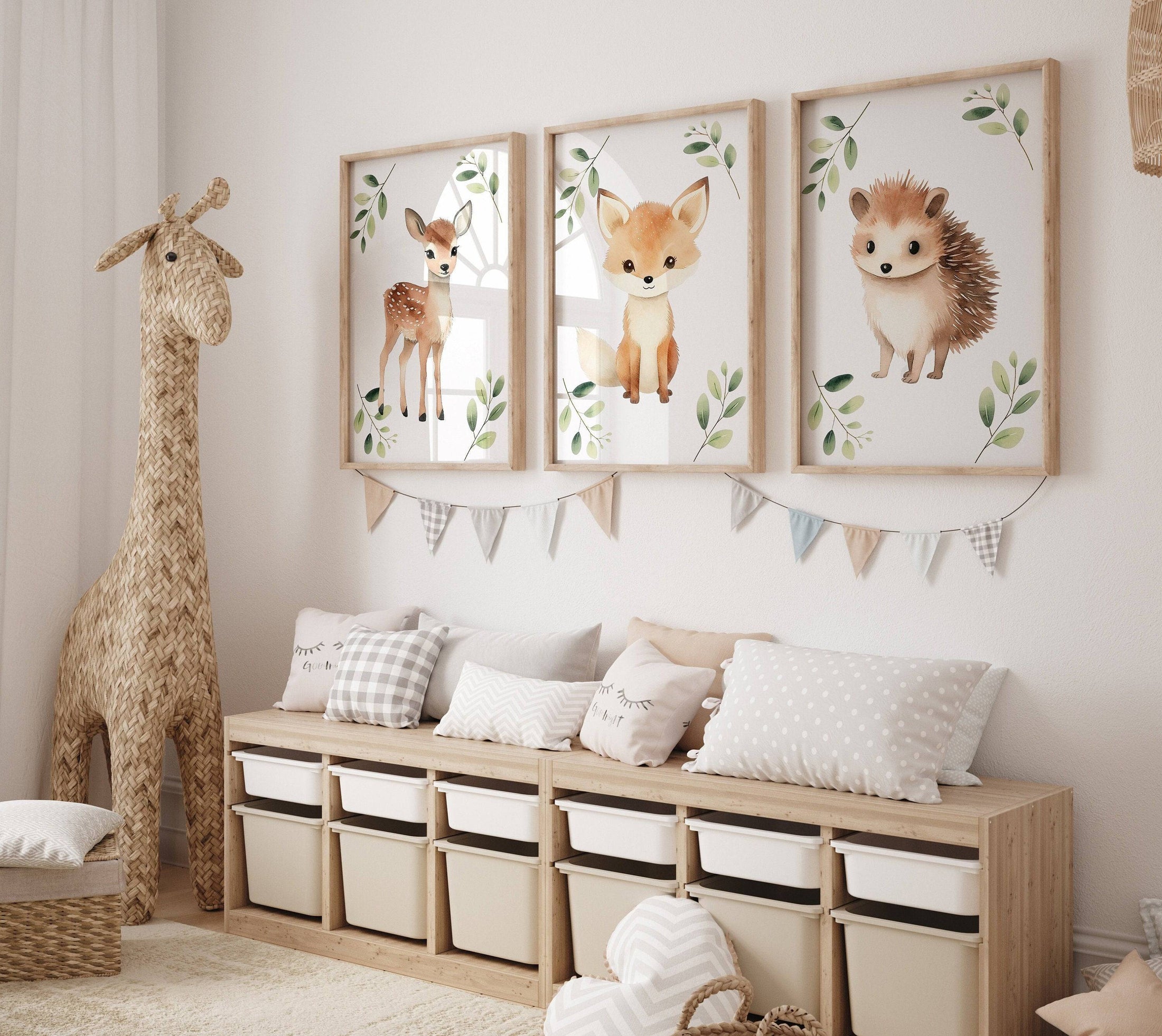 Woodland Animal Nursery Wall Prints | Set of 3 | Neutral Forest & Botanical Decor for Baby's Nursery - RoseRowanDesign