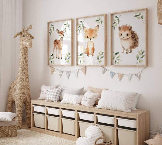 Woodland Animal Nursery Wall Prints | Set of 3 | Neutral Forest & Botanical Decor for Baby's Nursery - RoseRowanDesign