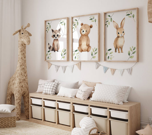 Woodland Animal Nursery Wall Prints | Set of 3 | Neutral Forest & Botanical Decor for Baby's Nursery - RoseRowanDesign