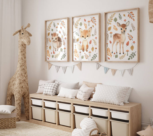 Woodland Animal Nursery Wall Prints | Set of 3 | Neutral Forest & Botanical Decor for Baby's Room - RoseRowanDesign