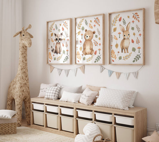 Woodland Animal Nursery Wall Prints | Set of 3 | Neutral Forest & Botanical Decor for Baby's Room - RoseRowanDesign