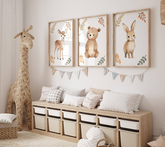 Woodland Animal Nursery Wall Prints | Set of 3 | Neutral Forest Decor for Baby's Room - RoseRowanDesign